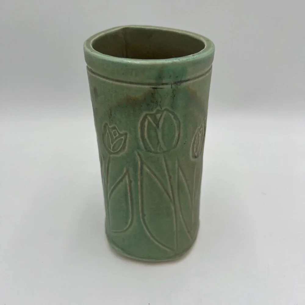 Tulip green studio pottery Asian inspired stamp signed spring vase